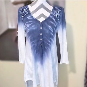 Anthropologie Tie Dye Top Tunic Memory Lane Ombré Blue White Long Sleeve Tee NWT